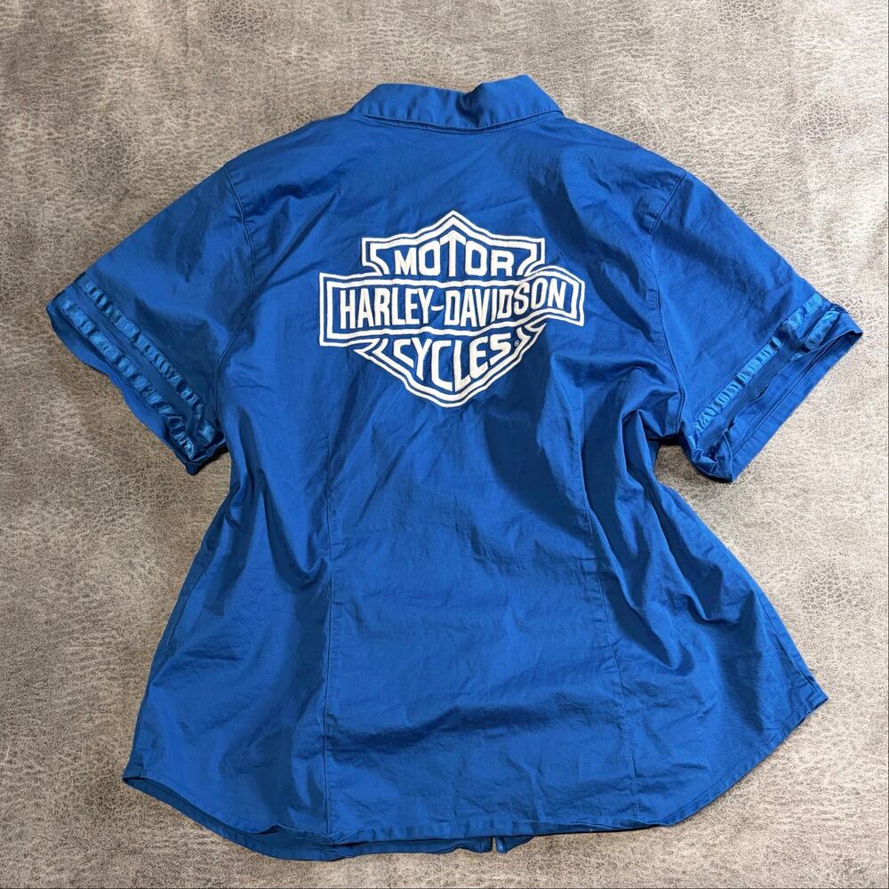 Harley Davidson Blue Embroidered Zip Up Blouse